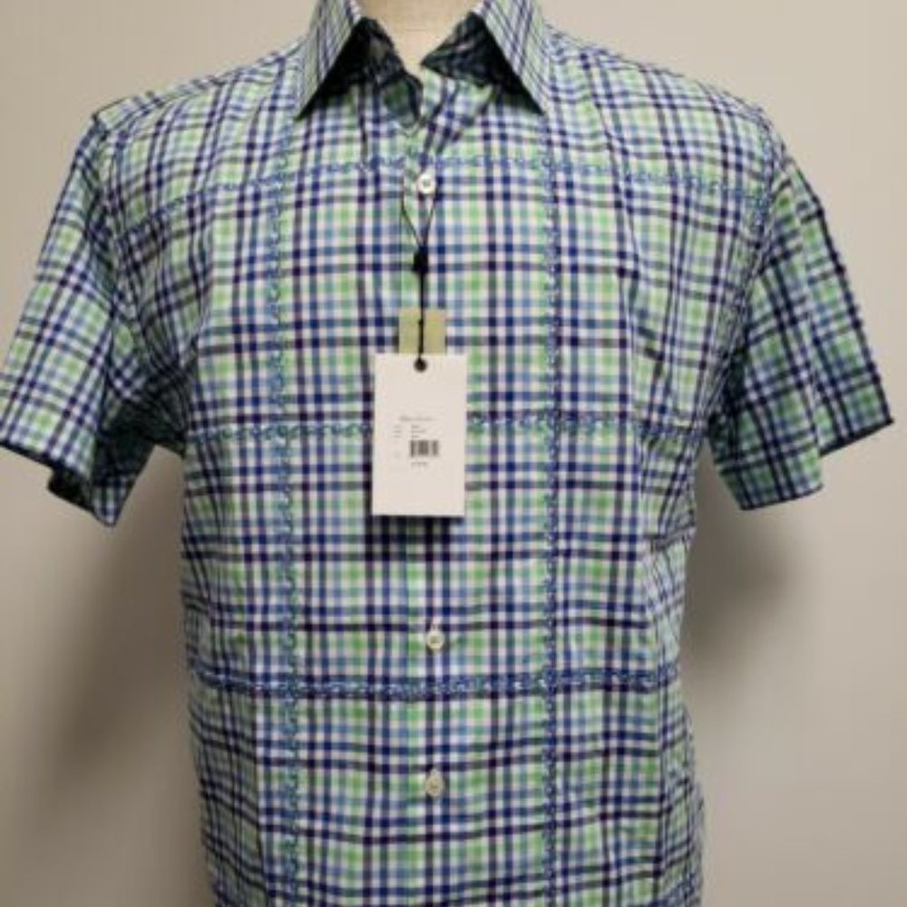 🆕 Robert Graham Blue Tides Short Sleeve Classic Fit Plaid Shirt Large $248